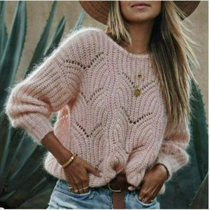 Sezane Simone Light Pink Petal Jumper Mohair Alpaca Sweater Low Back Fuzzy Knit